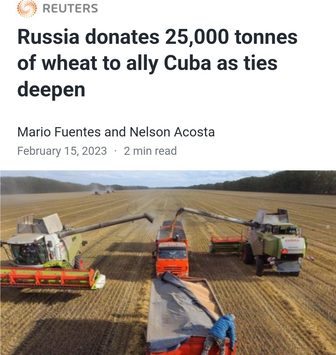 timand2037's tweet photo. #Russia donates 25,000 tonnes of wheat to #Cuba. Meanwhile, #Washington has ben trying to starve its little island neighbour into submission for more than 60 years. #EndTheBlockade 
https://t.co/UJTj3AII3P https://t.co/X5CE7wHUdl