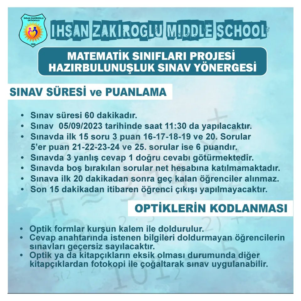 izakirogluoo's tweet photo. 2023-2024 Eğitim Öğretim yılında 5. sınıflarda oluşturulacak Matematik Proje Sınıfında okuyacak öğrencilerimizin tespiti için yapılacak sınav Yönergesi. Sınava girecek tüm öğrencilerimize başarılar diliyoruz.
#mutlueğitim https://t.co/bwhVnlzbV9