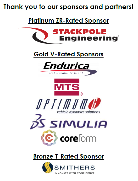thetiresociety's tweet photo. Shout out to #tiresociety2023 sponsors! Platinum Z: #stackpoleengineering, Gold V: @EnduricaLLC, @MTSSystemsCorp, #optimumG, @3DS_SIMULIA, @TheCoreform, Bronze T: @SmithersRapra. Media partners: @RubberNews, @Tyre_Trends. Academic partners: @UAkron_Engr, @virginia_tech. https://t.co/Sb1UpS77vd