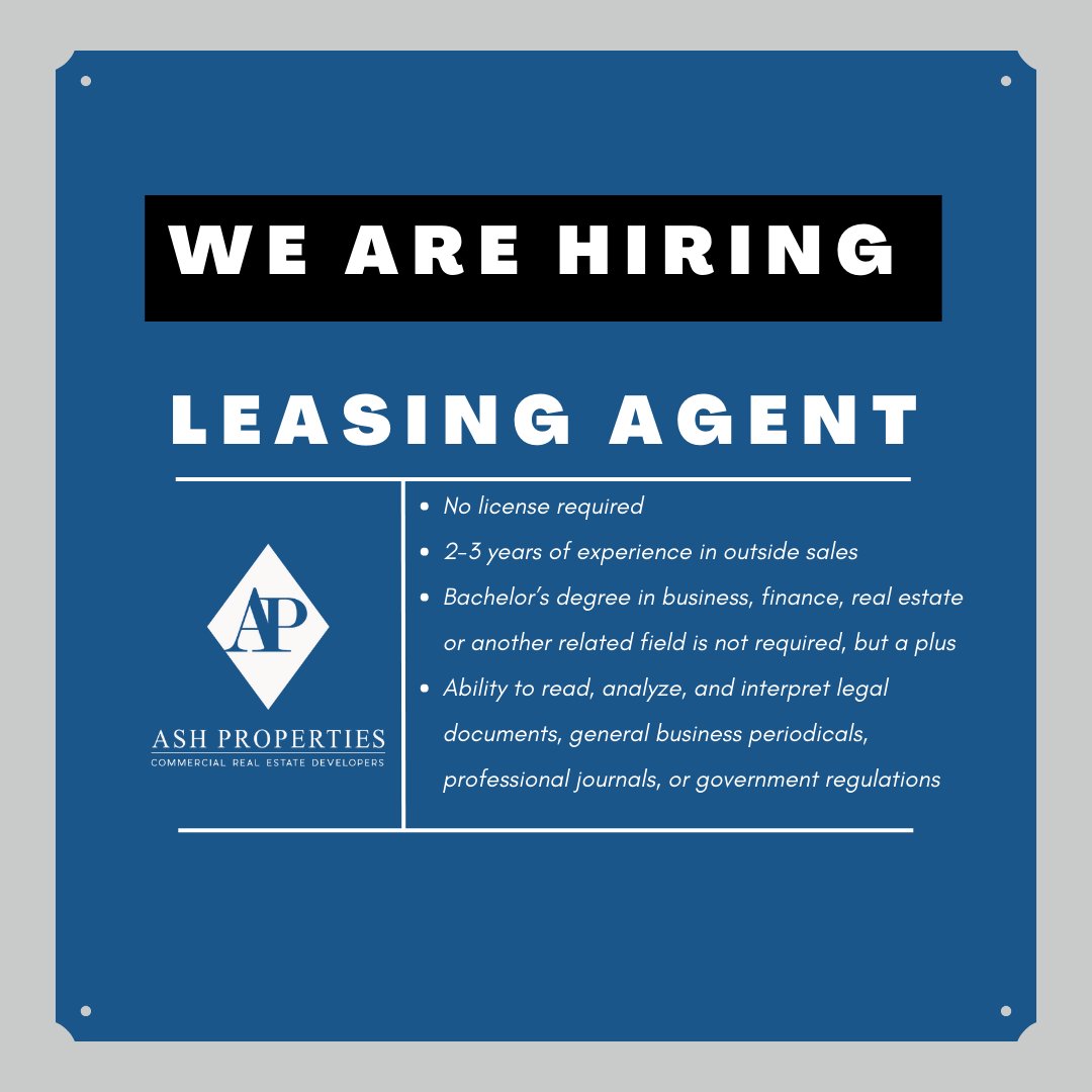 AshProperties's tweet image. We're hiring a Leasing Agent! 
To apply click here: recruitingbypaycor.com/career/JobIntr… 

#AshProperties #Careers #Hiring #Jacksonville #CommercialRealEstate #CRE #LocalBusiness #NorthEastFlorida
