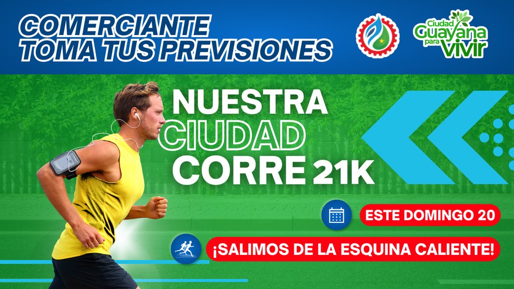 #Entérate Este domingo 20 se corre "21K Ciudad Guayana para Vivir" 🌿🏃🏻‍♀️🏃🏽‍♂️🎖️
✅ Las vías estarán cerradas desde las 6 am hasta las 9 am. Contamos contigo👍🏼 ¡Si contribuyes, construyes! 

#MediaMaratónCGPV2023
