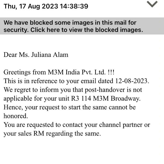 ASHRAFA88158360's tweet photo. Bullmen realities &amp; team Prem Mohan &amp; Sultan Anwar are not responding till date about our Broadways M3M Gurgaon unit R3 114 about post handover lease agreement comfort letter commitment...scheduled date n time of handover aswell?
Awaiting URGENT action FRAUD M3M BUILDERS &amp; team https://t.co/gVAXfrwU1p