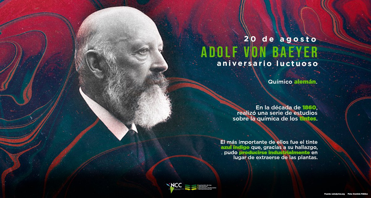 NCCIberoamerica's tweet image. El químico alemán #AdolfvonBaeyer, fue galardonado con el Premio #Nobel de #Química en 1905 gracias a sus  avances en la química #orgánica y la industria química, con trabajos sobre #colorantes orgánicos y compuestos #hidroaromáticos. 🧪👨🏻‍🔬