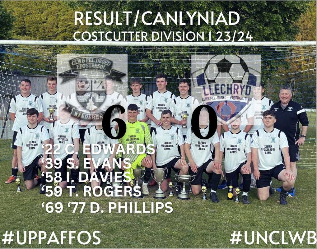 FfostrasolAFC's tweet photo. Canlyniad⚽️

1sts 6-0 @LlechrydAfc 
⚽️⚽️ @daf_phillips13 
⚽️ @CianEdwards4 
⚽️Ifan Davies
⚽️ @RogersTomos 
⚽️ @stefflloydevans

Perfformiad arbennig gan y tîm cyntaf i guro Llechryd 6-0 heno. Er 2 gerdyn coch i Llechryd perfformiad gwych iawn gan y tîm cyntaf🤝

#UppaFfos #UnClwb https://t.co/z0uQkjNUVY