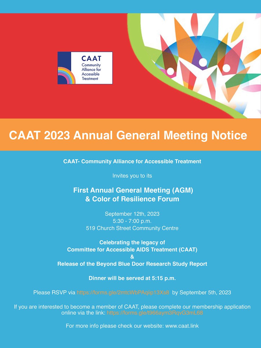 caatlink's tweet image. CAAT 2023 AGM Notice: caat.link/events/caat-20…
CAAT- Community Alliance for Accessible Treatment invites you to our first Annual General Meeting (AGM) on Tuesday, September 12th, 2023, from 5:30-7:00 p.m. at the 519 Church Street Community Centre in Toronto.