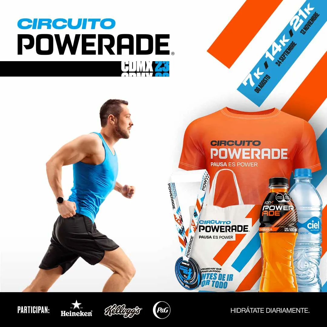 No te pierdas los 14k del Circuito Powerade CDMX 2023, aún estás a tiempo de inscribirte por sólo $450.°°en Tiendas Martí o en el link buff.ly/3PHAAb1:;. Tú tienes todo el power para pasar la meta este 24 de septiembre.