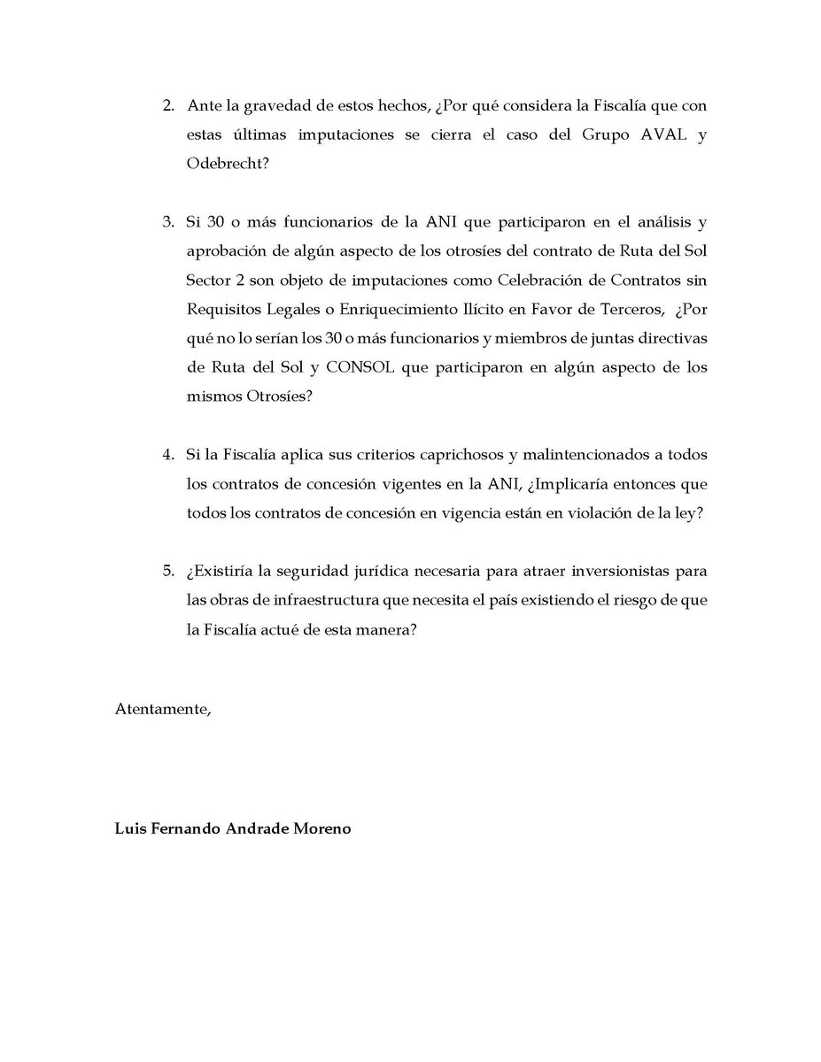 La Fiscalía ha optado por imputar a más de 30 funcionarios de la ANI como parte de su política de persecución de la que he sido objeto por casi  años. Me está castigando por haber denunciado, junto con Jorge Enrique Pizano (QEPD), las irregularidades de los socios de Odebrecht