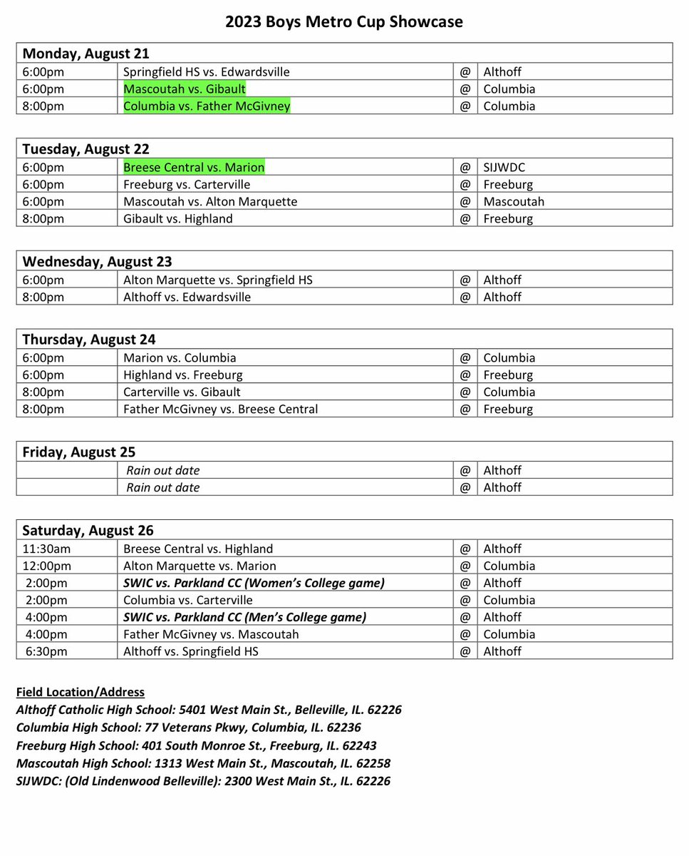 Updated Metro Cup Schedule. Changes are highlighted in green.