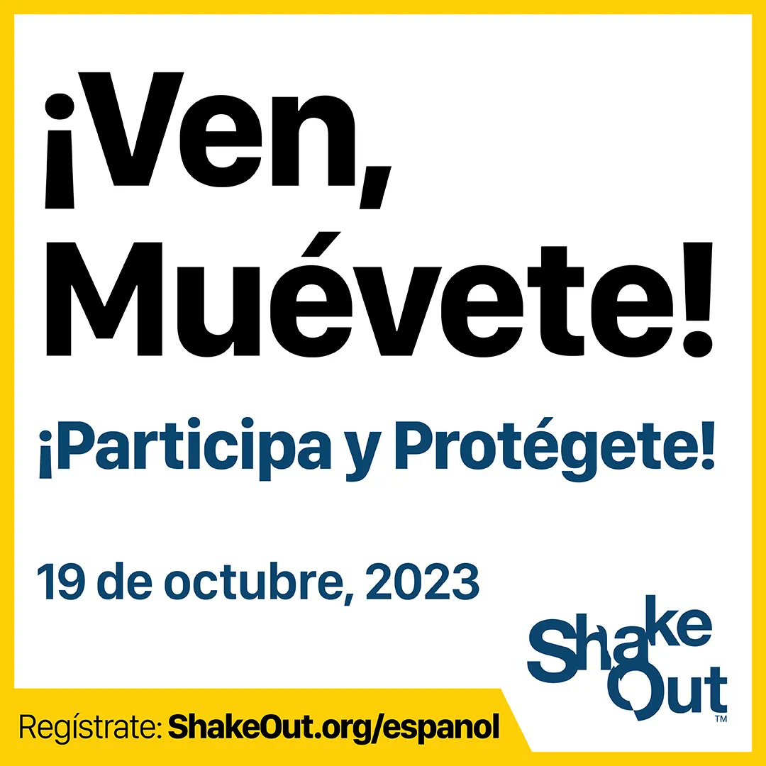 ShakeOut's tweet photo. ¿Listos para ShakeOut 2023? ¡Aparta la fecha: 19 de octubre! Regístrate hoy en https://t.co/RvaRijRUbs y practica la seguridad contra terremotos con millones alrededor del mundo. #ShakeOut #ListosYa #Terremotos https://t.co/b06R26MMEG