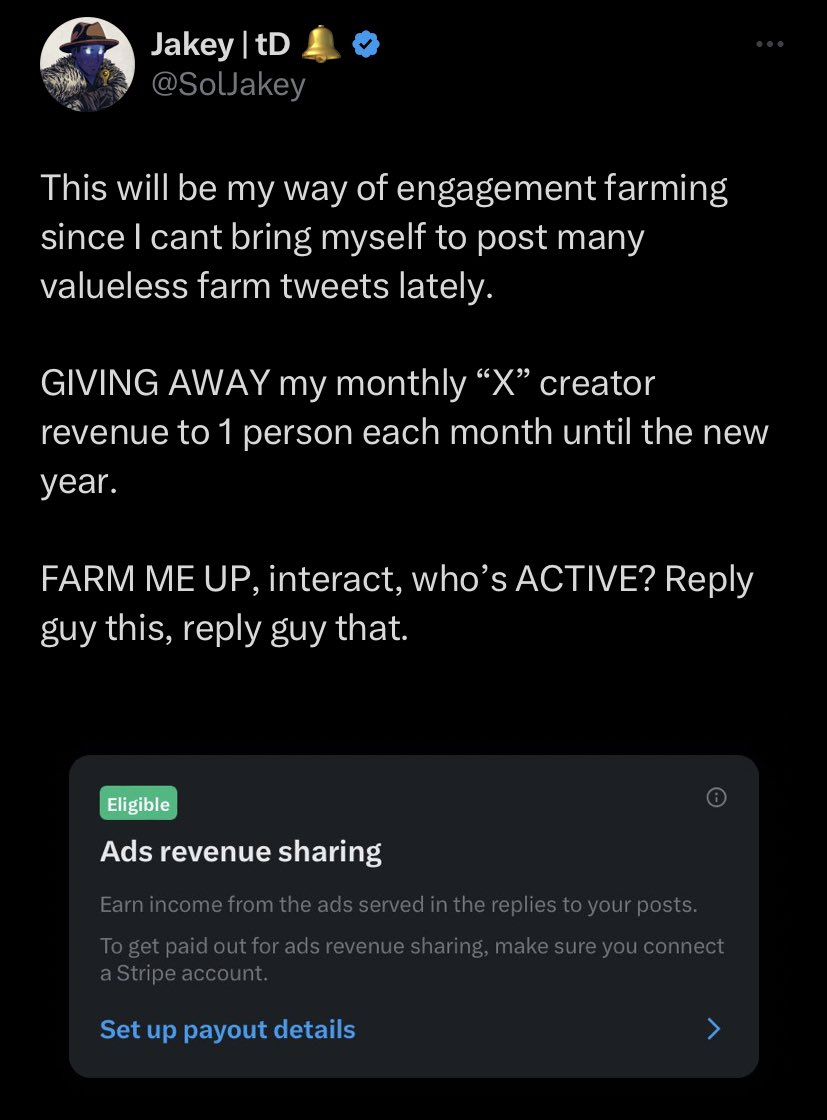 SolJakey's tweet photo. BUT like i tweeted 3 days ago,

I said im GIVING AWAY all my X creator revenue to 1 person each month until the new year. 

I stick to my word, no matter the amount.

All I ask is you turn on those post notifications for me, and just try to SUPPORT my CONTENT when you can, as simple as a LIKE, love you guys!

Will pick the winner for this months early next week!
