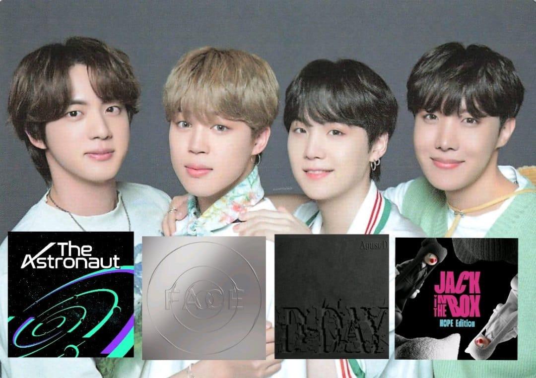 _belhj_'s tweet photo. —��Los 4 miembros de BTS han vendido 1 millón de copias como solistas!

¡BTS se convirtió en el primer grupo de varios miembros en vender más de 1 millón de álbumes en solitario!

Hoseok "Jack in the Box"
Jimin "Face"
JIN "The Astronaut"
Yoongi (Agust D) https://t.co/WfNaxUDwZK