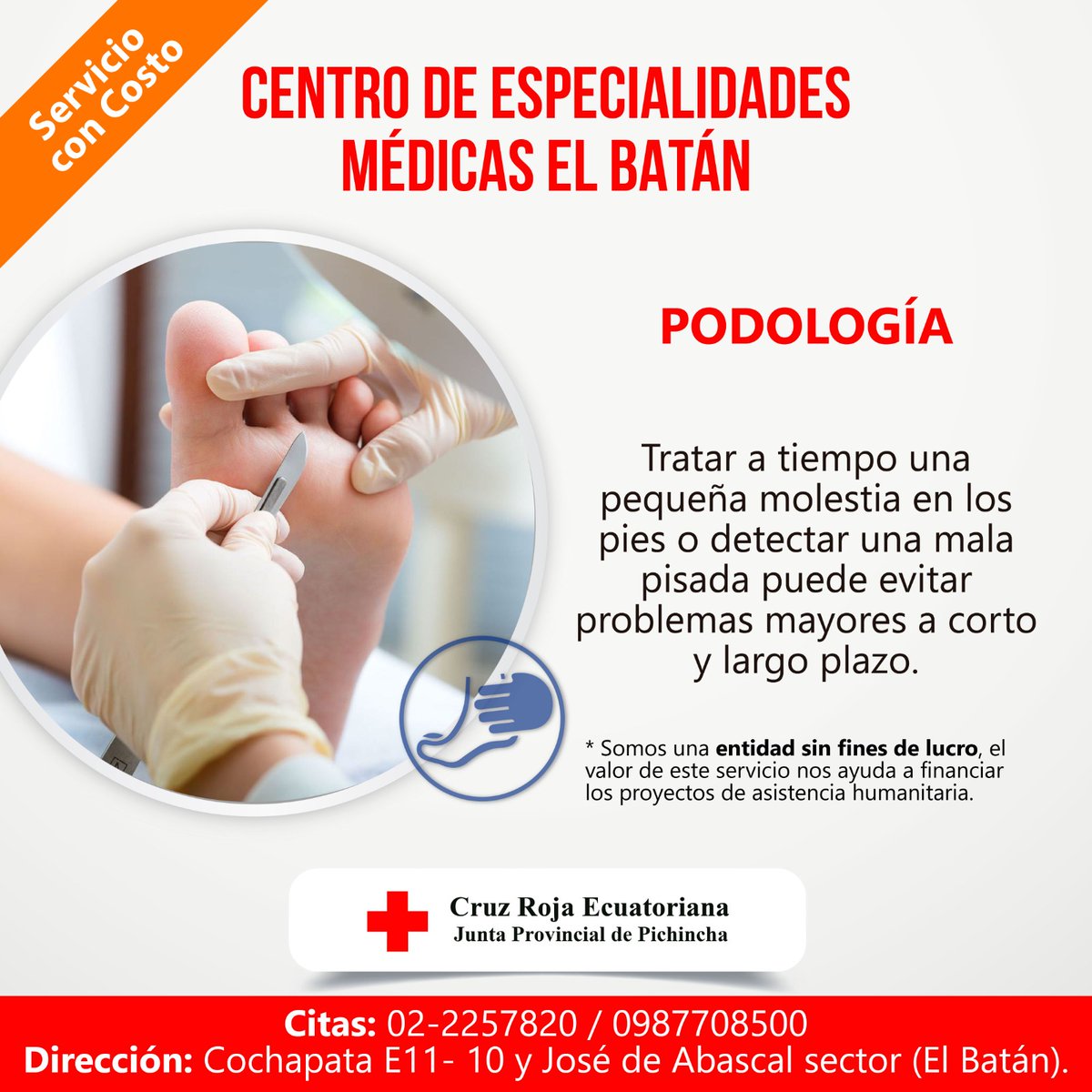 CruzPichincha's tweet image. 👩🏼‍⚕Reserva tu cita de #podología 🦶🏼 en nuestro Centro Médico #ElBatán 🏥.

📍Cochapata E11-10 y José de Abascal (Sector El Batán)

🧏🏼Atención de lunes a viernes de 07h30 a 16h00 🕜
📲 Comunícate al 022257820 o al 0987708500

#CruzRojaPichincha #Belleza #Salud #ServicioMédico