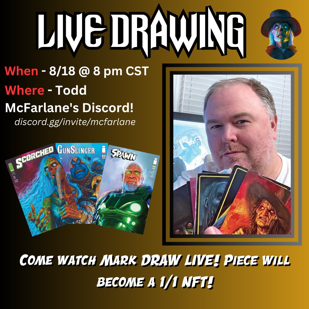 TONIGHT! #Spawn #Monster artist @markspearsart joins us on the @OddKeyCafe for a LIVE DRAWING! Come watch Mark’s creative process as he creates an exclusive 1 of 1 digital collectible for someone in the @OddKeyNFT community! discord.gg/QPh6tj3e?event…