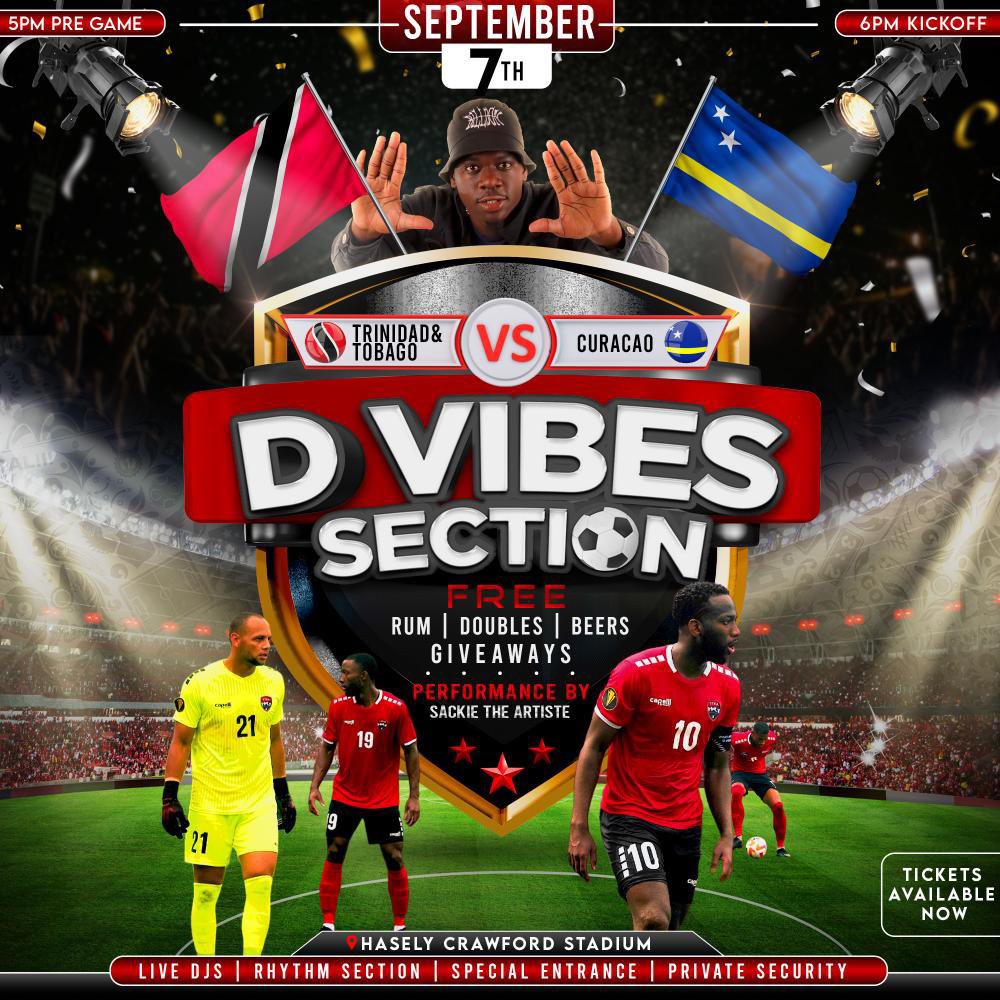 AjalaPilgrim's tweet photo. 🇹🇹🔥🎉 Don't miss out on the ultimate football experience! D Vibes Section is back and better than ever, with special entrance, private security, FREE drinks, doubles and lots of giveaways! Get ready to dance to the beats of top DJs, Rhythm Section and Sackie The Artiste. https://t.co/Gj1ukedW3u