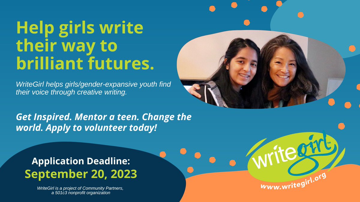 WriteGirlLA's tweet image. Deadline extended! Apply to be a WriteGirl volunteer and help teens write their way to brilliant futures. WriteGirl is based in Los Angeles, but volunteers can join us from anywhere! Apply by 9/20: writegirl.org/join-us