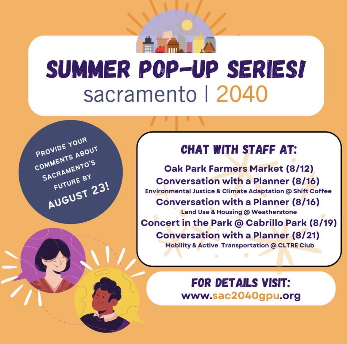 Natomas Chamber (@natomaschamber) on Twitter photo Want to talk to the people who can make a difference in your community, here's your chance!
Visit sac2040gpu.org for more information
cityofsacramento.org/Community-Deve… Want to talk to the people who can make a difference in your community, here's your chance!
Visit sac2040gpu.org for more information
cityofsacramento.org/Community-Deve…