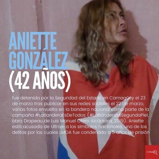 #CubalexDenuncia:  La activista Aniette Gonzalez podría ser condenada a 4años de cárcel por el supuesto delito de "Ultraje a los símbolos patrios".
Según informa <a href="/JLperiodista96/">Jose Luis Tan Estrada</a> , Aniette recibió la petición fiscal recientemente.
 ¿Qué hizo ella? tomarse fotos con la bandera.