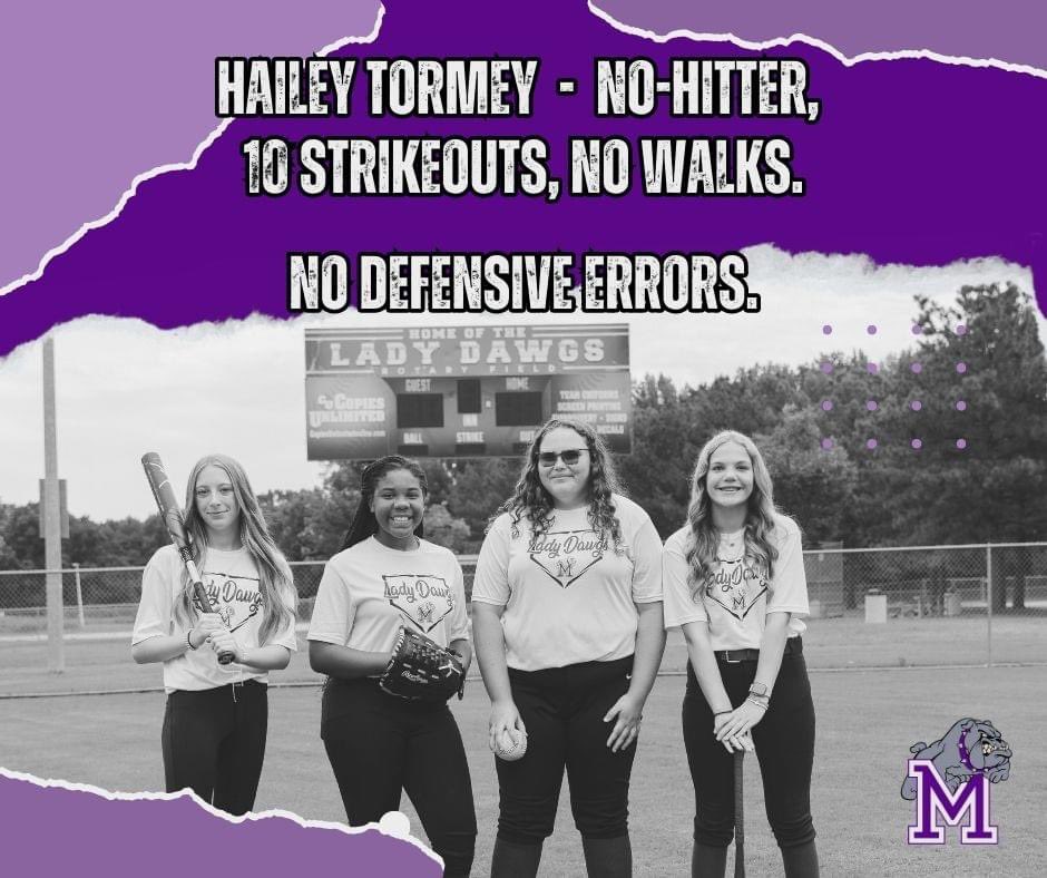 Congratulations to the MMS Softball Team for beating Gibson Co. 16-0. Hailey Tormey pitched a No-Hitter with 10 strikeouts and no walks. The team had no defensive errors!. Great work, ladies! 🥎🐾💜 #MilanLife #MilanAwesome
