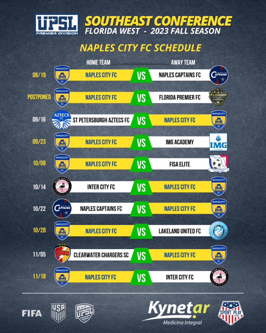 naplescityfc's tweet photo. UPSL PREMIER DIVISION
SOUTHEAST CONFERENCE
Florida West - 2023 Fall Season

@naplescityfc Schedule

@UPSLsoccer

🔵⚪🟡 #naplescityfc #naplesflorida ⚽ #soccer #upslflorida #upslsoccer #ussoccer #wearethecity https://t.co/U07KLmiZ6Q