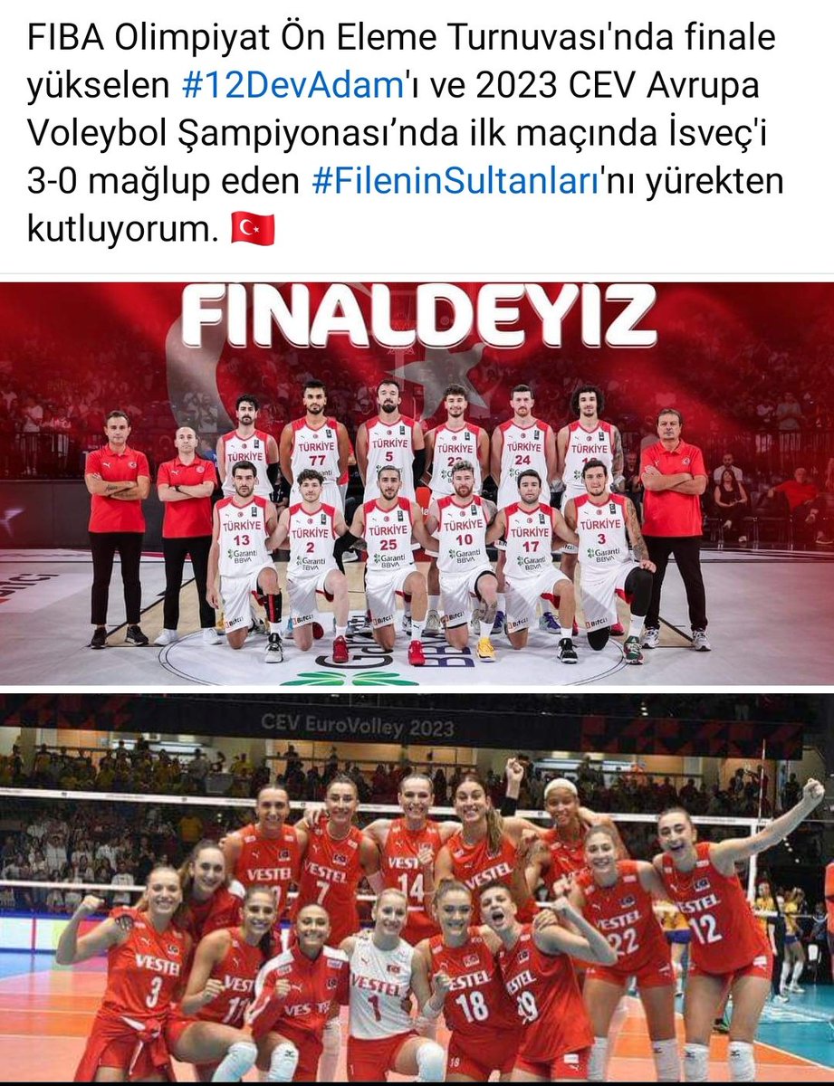 #FileninSultanları Filenin sultanları yine ezdi geçti.Harikasınız kızlar.Galibiyetle başladılar.Türkiye 🇹🇷 3-0 📷 İsveç Yine MUHTEŞEMSİNİZ.Tebrikler 👏 👏 İsveç bugün iki kez kaybetti.Erkek Basketbolcularımız da 105-84 yendi.