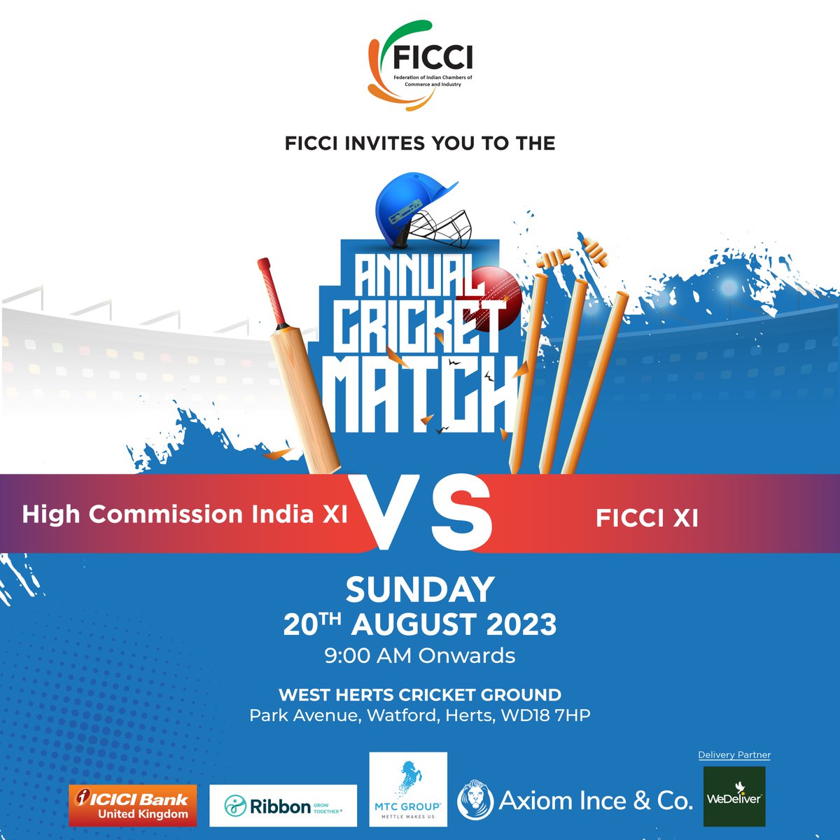 FICCI invites you to the Annual Cricket Match between @HCI_London and FICCI on 20 August 2023 at the West Herts Cricket Ground, Park Avenue, Watford WD18 7HP, United Kingdom