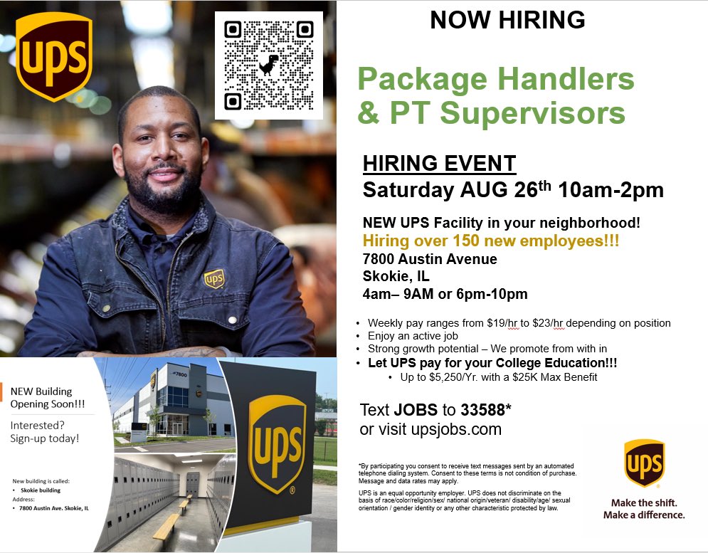 Hiring event 8/26 10am in Skokie. New facility, hiring over 150 new employees. #skokie #niles #ApplyNow #NowHiring <a href="/UPS/">UPS</a> <a href="/jagrant1020/">Jeff Grant</a> <a href="/HRGalindoUPSers/">Luis</a> <a href="/CP_UPSers/">Central Plains</a> #ups