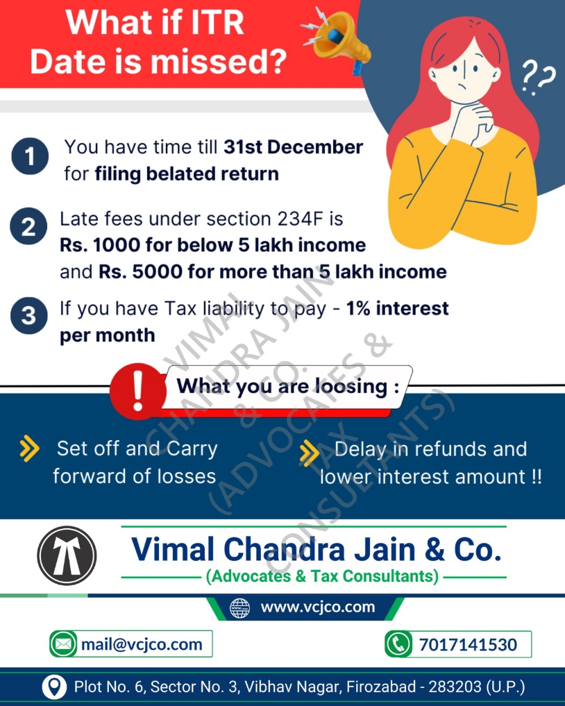 vcj_co's tweet image. What if #ITR date is missed? 
Didn&apos;t filed #IncomeTaxReturn even after numerous reminders. 
Don&apos;t Worry! 
You can still #FileITR with late fees. 
#IncomeTax #tax #income #duedate #vcjco #firozabad #agra #belatedreturn #latefees