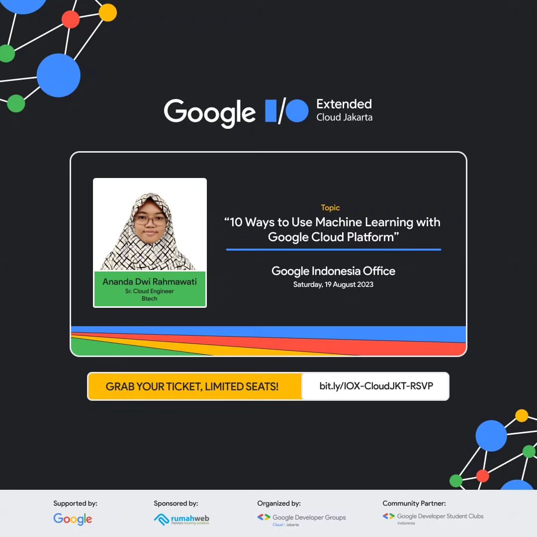 misskecupbung's tweet image. Hi all!

Today, I will be speaking about #GoogleCloud in Google IO Extended Cloud Jakarta! If you missed the registration, you can register and watch it online through this link: bit.ly/IOX-CloudJKT-V… #GoogleIOExtended #GoogleCloud 

Happy learning! 😁
