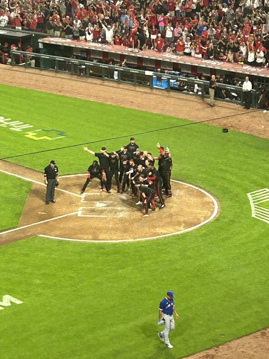Callieh71's tweet photo. If you’re going to win, win in a walk off home run. If you’re going to cheer (and it’s not for the reds, cheer for both teams and wear purple since red and blue make purple #reds https://t.co/LWbmiZrloc