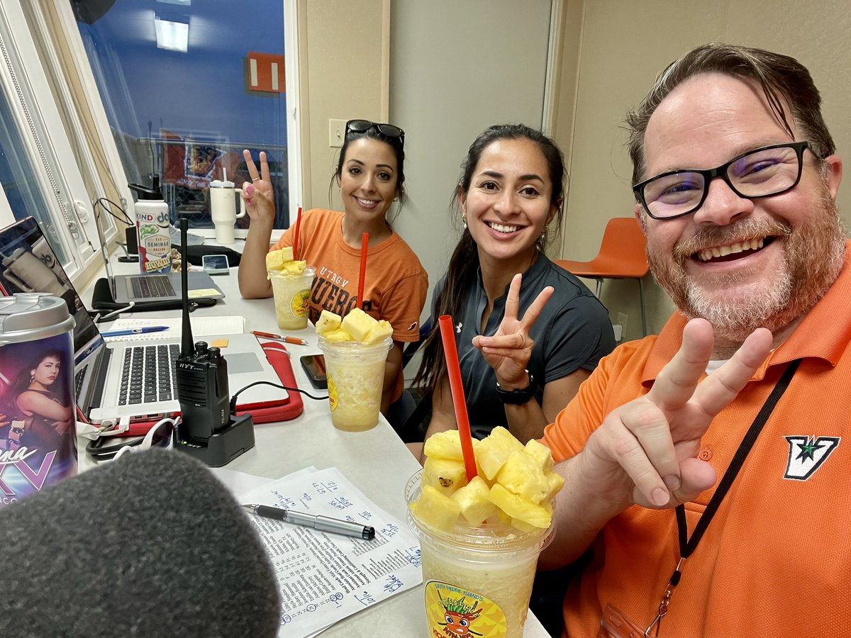 In the box <a href="/UTRGVWSoccer/">UTRGV Women's Soccer</a> with <a href="/sarahdzm/">Sara Hernández</a> #JulieVasquez enjoying some <a href="/pineappleninjaz/">Slize</a>!! Thanks Jerry!!