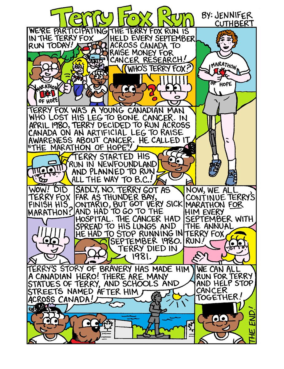 Lollipop and friends run for Terry in this special Sunday comic post! #TerryFox #TerryFoxRun #MarathonofHope #RunforTerry #adventuresoflollipop #kids #kidlit #kidscomics #indiecomics #Canada