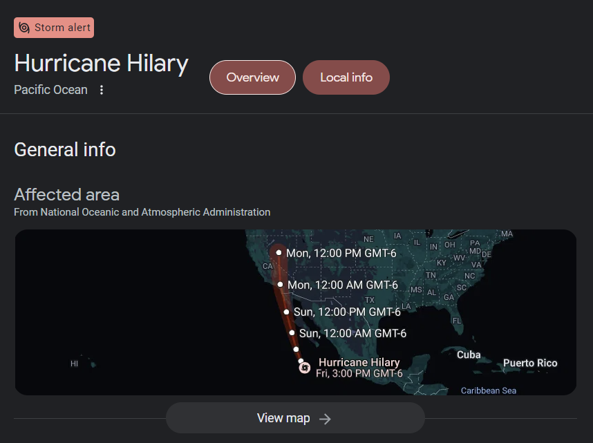 Sheep_tester's tweet photo. I'm such a Californian, I've never seen Google's hurricane maps before, only their fire maps 💀 #HurricaneHilary https://t.co/ybPfCMLGop