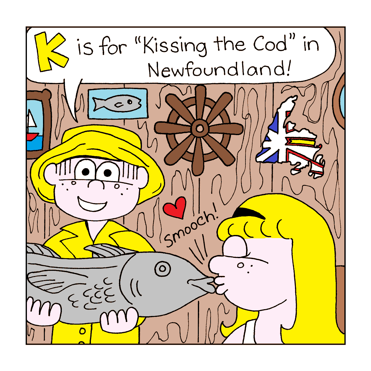 Lollipop_Comics's tweet photo. K is for #kissingthecod in #Newfoundland in this week's #alphabetmonday post! #adventuresoflollipop #kids #kidlit #kidscomics #indiecomics #Canada #Canadianalphabet https://t.co/Ln6i8ilhVV