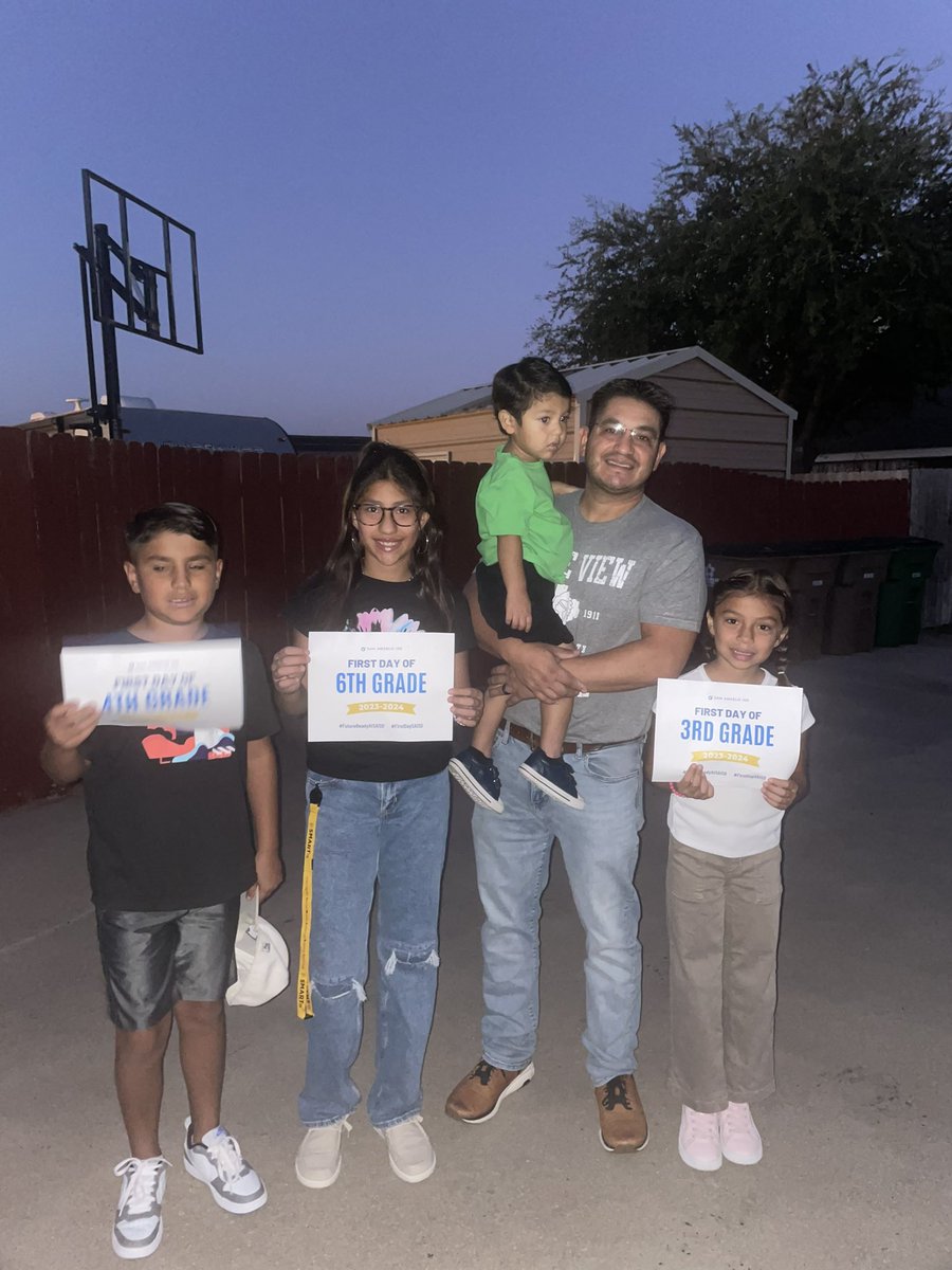 2023-2024 First day of school! Dad is starting his 17th year in education, we have a 6th, 4th, 3rd and Tiny Texan. #FirstDaySAISD