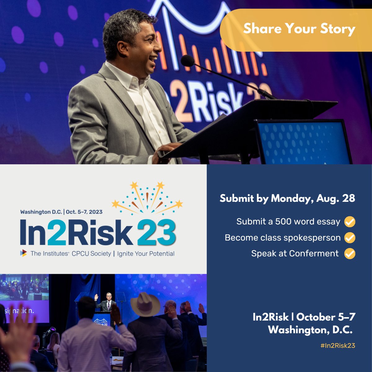 📢 Calling the Class of 2023 New Designees 📢 This year's Share Your Story Competition is now open! We invite you to submit an essay for a chance to become class spokesperson, receive complimentary #In2Risk23, &amp; more! Submissions are due on Aug. 28: bit.ly/3BUzYXu