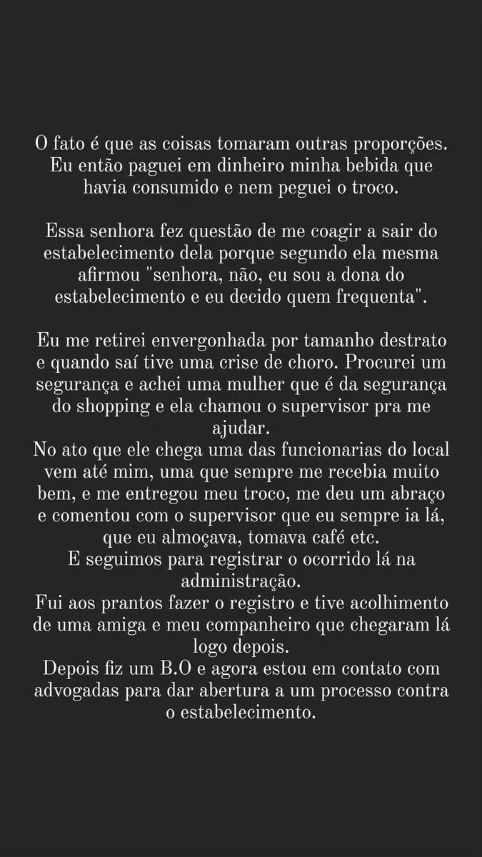 barbirib's tweet photo. Infelizmente o caso de racismo no shopping de hoje é o meu e foi aqui em Manaus no café 'Ora, pois pois' localizado no @SumaumaParkShop 
Meu único pedido é que o shopping tome as devidas providências em relação a está senhora. https://t.co/zmZTeoVHxh