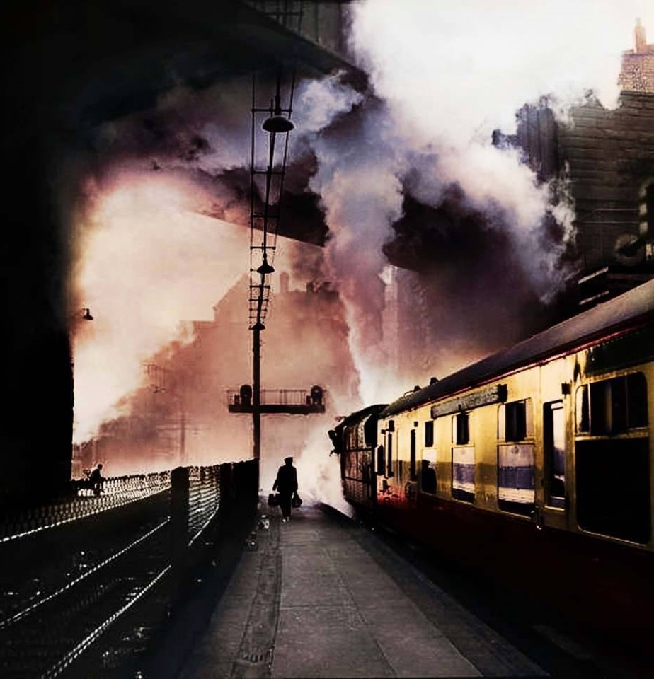 1954 (colourised photo) A train begins its journey from Lime Street Station, Liverpool. Bert Hardy #photography
