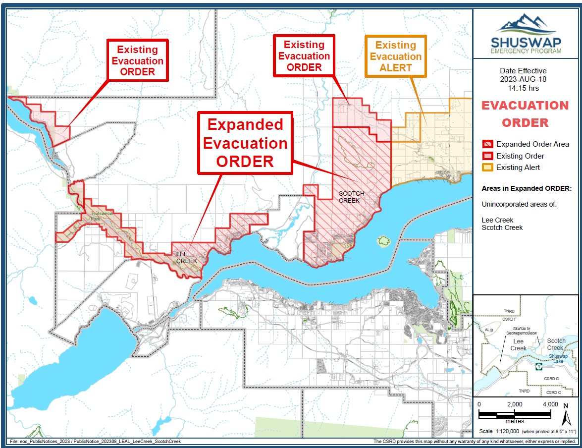 RadioNLNews's tweet photo. NEW - The @TNRD and @ColShuRegDist have issued a number of evacuation orders in the #AdamsLake area, including all of #ScotchCreekBC and #LeeCreekBC.
#Kamloops
https://t.co/UYhJH8AqOW https://t.co/FPeAZj7l3j