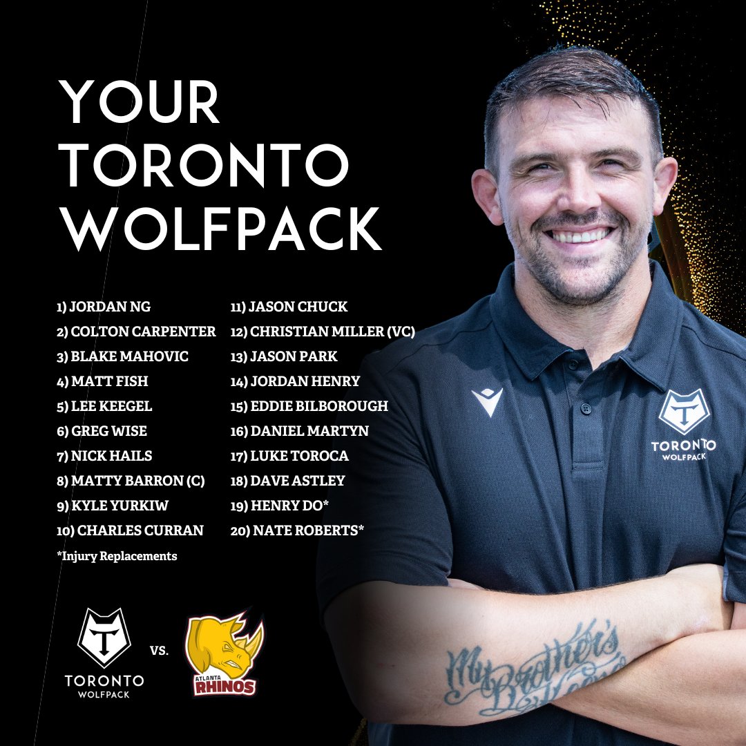 Here is your game day roster, as we go head-to-head with <a href="/AtlantaRhinos/">Yuengling Atlanta Rhinos</a> tomorrow,  Saturday, August 19th!

Matt Barron (C) and Christian Miller (VC) will lead your Wolfpack as we try to keep our winning streak going! 🐺💪🏽🐺

Get your tickets here: tixr.com/groups/toronto…