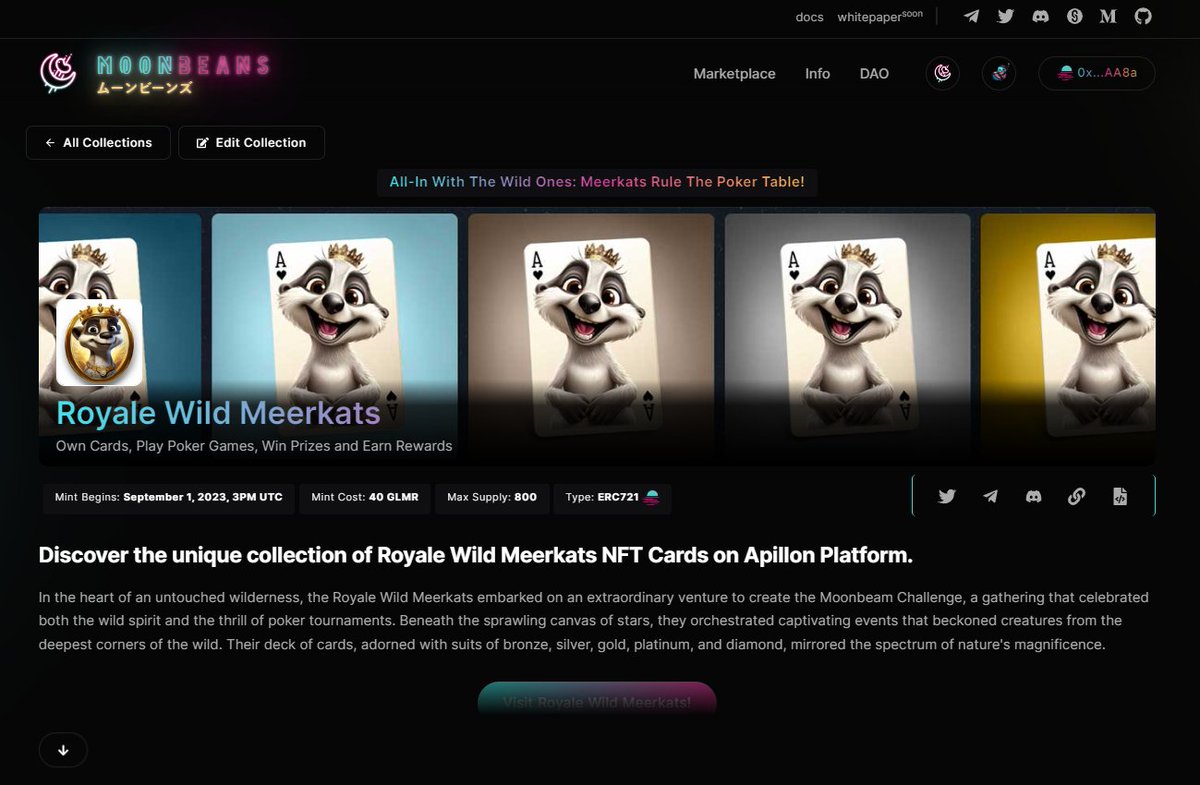 CryptoBWI's tweet photo. Mint Launch of Royale Wild Meerkats is coming closer!

Are you ready? 👀

Grab already some GLMR now!
Mint Launch on 1st of September 🔥🔥

Location: https://t.co/pfGWRQKSHw

@Apillon @MoonbeamNetwork #glmr #pokerface @NFTsSaga @HopefulofNFTs https://t.co/TLdYJmBI0V