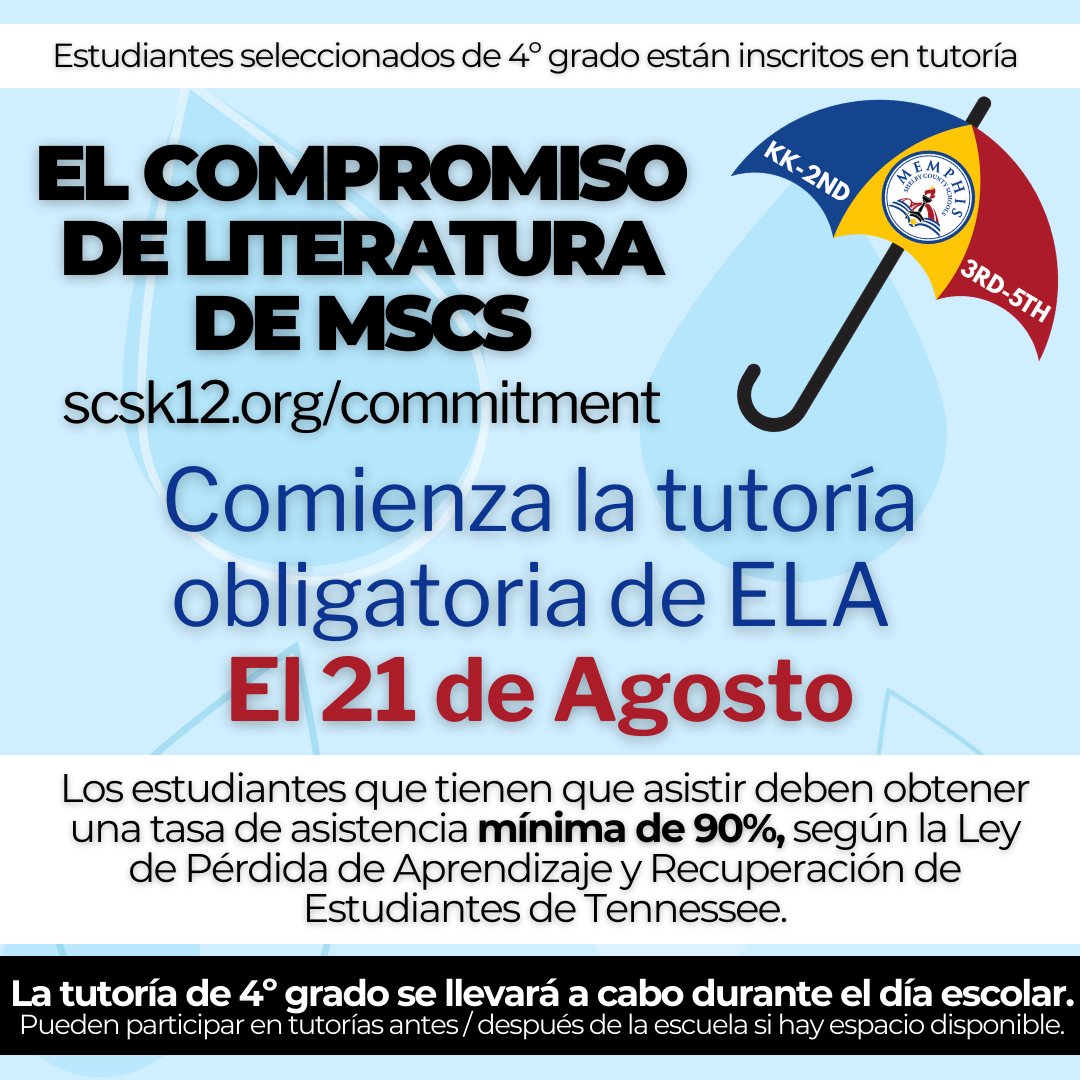 REMINDER - 4TH GRADE PARENTS! 

We're offering literacy support long before the TCAP! Mandatory ELA tutoring for auto-enrolled 4th graders begins Monday, August 21.

Tutoring will be provided during school to these students.