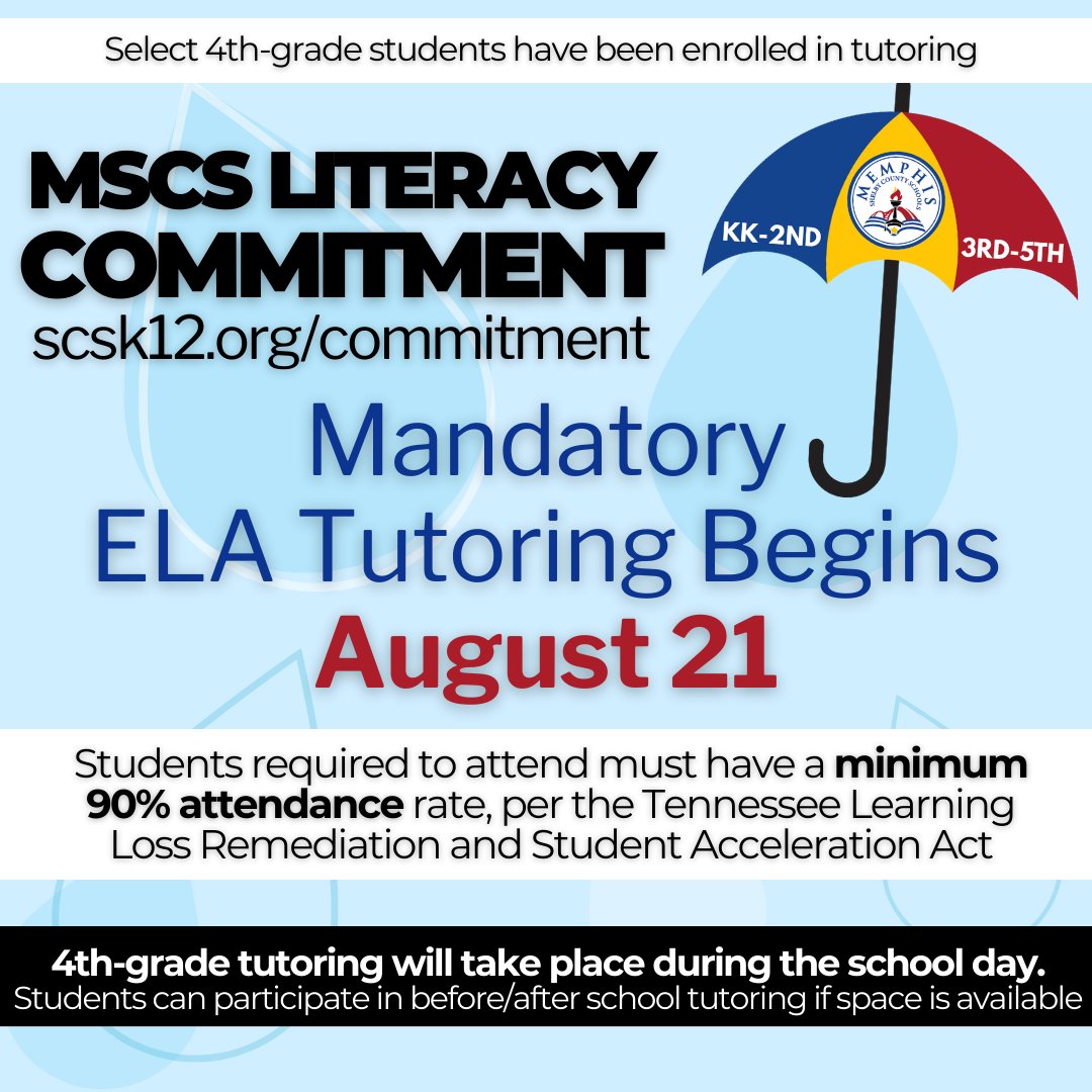MSCSK12's tweet photo. REMINDER - 4TH GRADE PARENTS! 

We're offering literacy support long before the TCAP! Mandatory ELA tutoring for auto-enrolled 4th graders begins Monday, August 21.

Tutoring will be provided during school to these students. https://t.co/lqWjFuKNRK