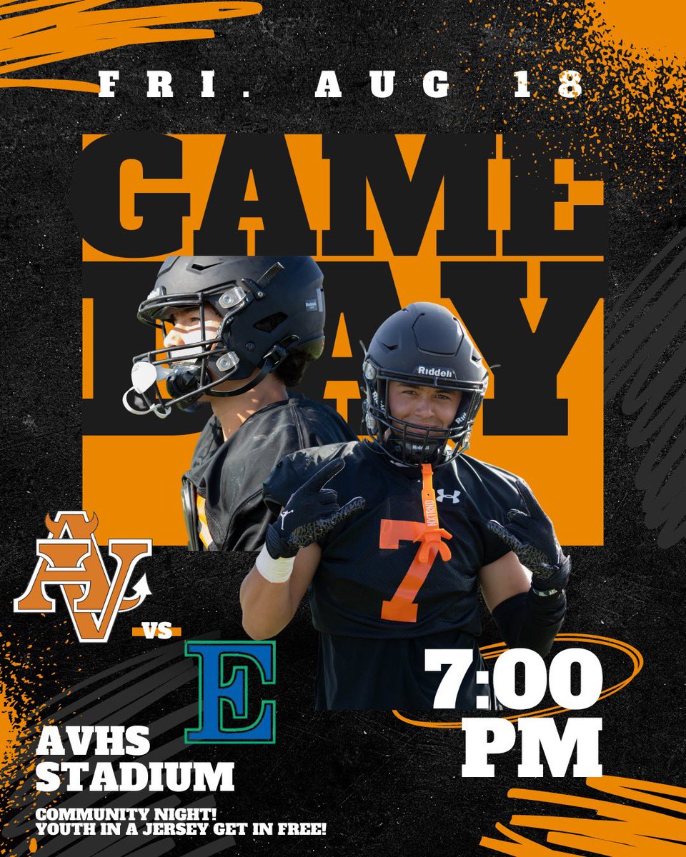 AVSunDevilFB's tweet photo. Join us tonight! JV plays at 4pm and Varsity kicks off at 7pm. We face off against Eastlake High School at home. See ya soon Sundevils! 
•
#GoDevils #Athlete #Athletics #Football #CIFSS #SunDevilPrideIsContagious #MRL #Sports #SoCal #Linemen #OLine #OffensiveLineman @chriscfore https://t.co/n4VUFJ3ew8