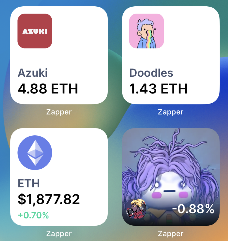 Sam_Tolomei's tweet photo. We just launched widgets in @zapper_fi 's mobile apps! Now you can get NFT floor prices, see your Zapper @finidotworld, or watch for any sudden token price changes, such as ETH dumping 10% out of nowhere!

iOS: https://t.co/ckLNSWt5pS
Android: https://t.co/QalEiEdj74 https://t.co/n6FFTZrACS