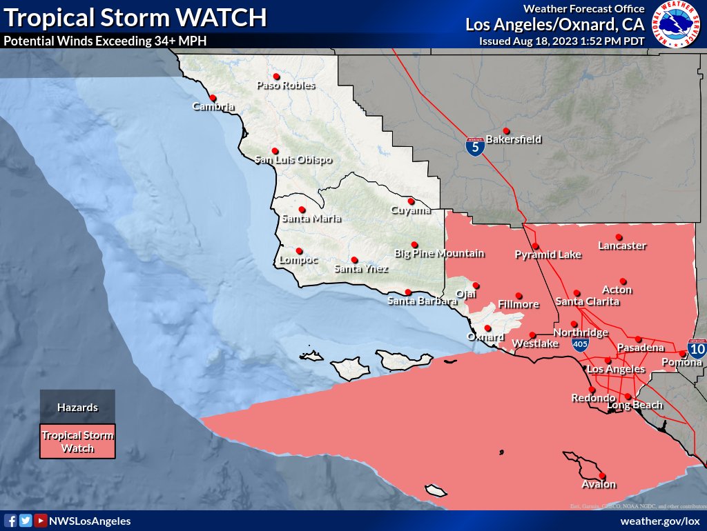 The Tropical Strom Watch has been expanded to include ALL of LOS ANGELES County, as well as mountains, valley and foothills of Ventura County.