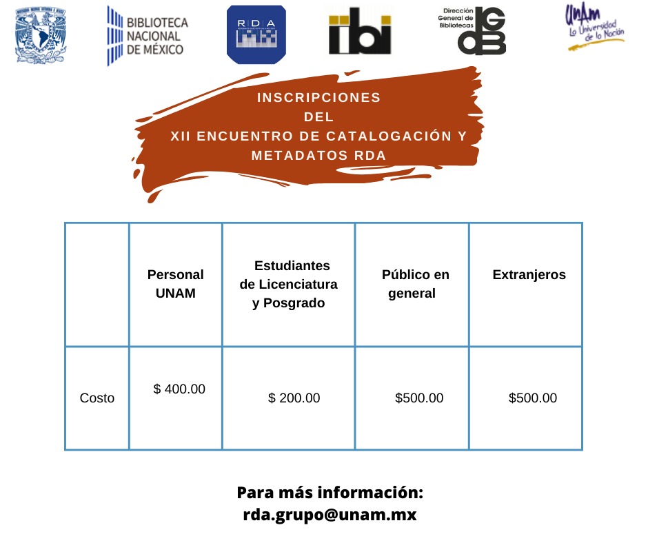 RDA_ALyC's tweet photo. 🔴 #INSCRIBETE Compartimos con ustedes la liga de inscripción al XII Encuentro de Catalogación y Metadatos #RDA así como los costos del evento: https://t.co/w2B48h5lJh https://t.co/8t131Icmpe