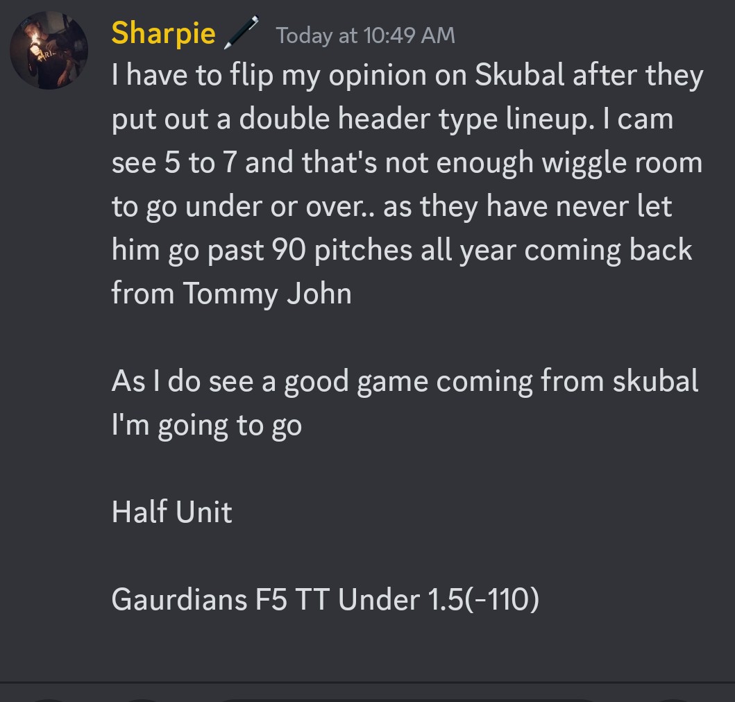Team Sharpie stays HOT! #GamblingTwitter Called Skubal to a T, As I said to the team, no more then 90, he's going 6 innings and the UNDER yesterday flipped to a OVER as I had him for 5-7 6IN 1ER 7K's #RepDetroit As lineups are 🔑 GAURDIANS F5 TTU1.5(-125)💸 #ForTheLand