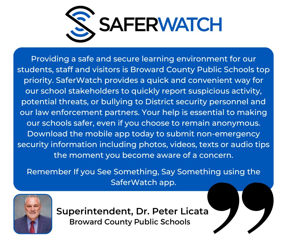 SaferWatchApp's tweet photo. See what Superintendent Dr. Licata says about #SaferWatch
#SeeSomethingSendSomething #SchoolSafety #AlyssasLaw #SaferSchools #MobilePanicAlert https://t.co/2OgmjXGJhY