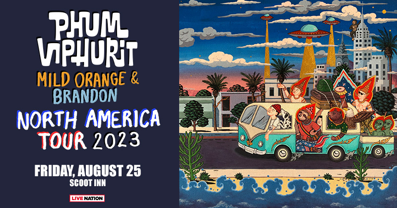 🛸 ONE WEEK FROM TODAY 🛸 Phum Viphurit x Mild Orange x Brandon - North America Tour 2023 at Scoot Inn on Friday, August 25th! Tickets available NOW! 🎫 livemu.sc/3qsLaIQ All Ages Event