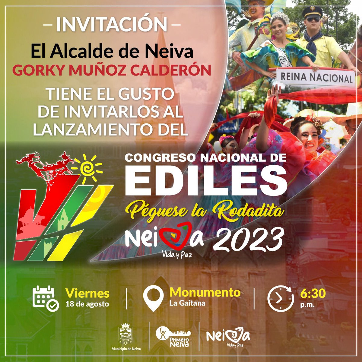 Hoy inicia el VII Congreso Nacional de Ediles, que se desarrollará hasta 21 de agosto y reunirá a más de 700 ediles de todo el país. 

A las 7:00 p.m., en el monumento La Gaitana, daremos apertura al evento que tiene una enriquecedora agenda académica, gastronómica y cultural.
